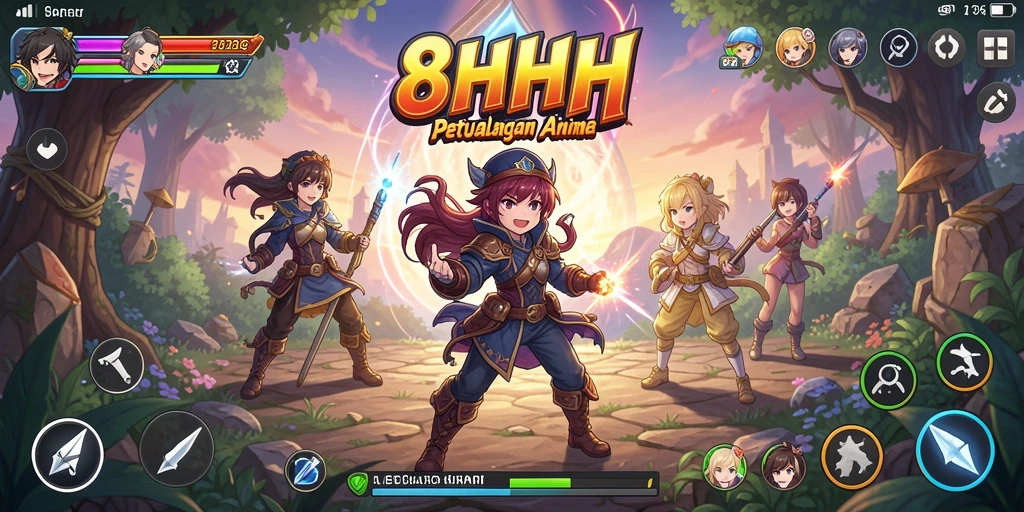 Screenshot gameplay seru dari 8HHH menampilkan aksi karakter Anime.