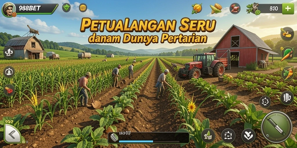 Tangkapan layar gameplay <strong>988BET</strong> yang menunjukkan aktivitas bertani yang seru.