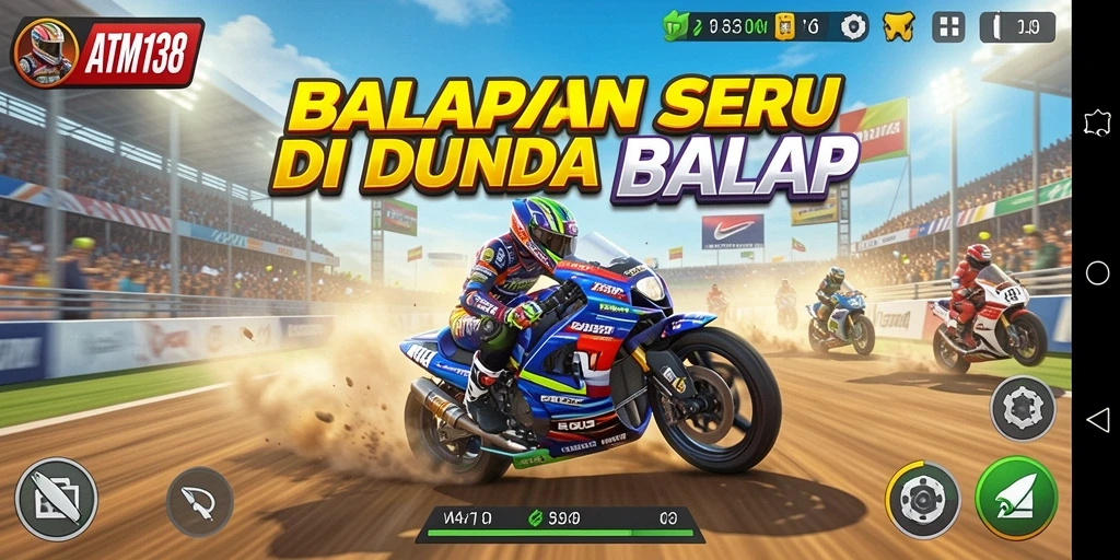 Tampilan gameplay seru dari ATM138 dengan mobil balap yang melaju kencang.