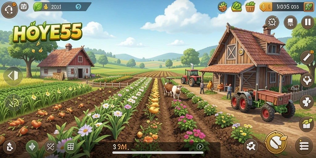 Tampilan gameplay <strong>HOYE55</strong> dengan pertanian yang ceria dan interaktif.