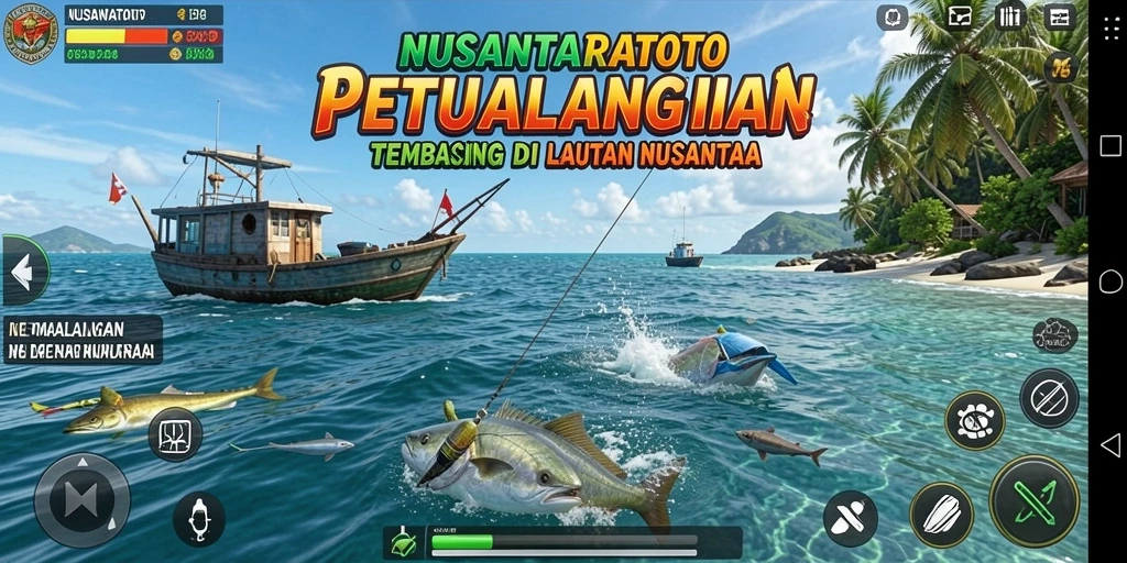 Screenshot permainan NUSANTARATOTO dengan tampilan yang memukau saat memancing di laut.