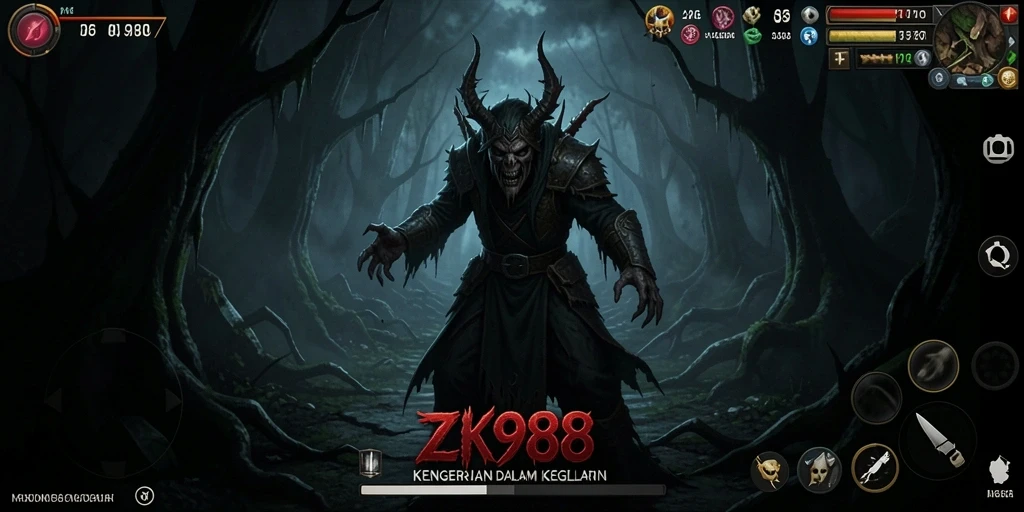 Screenshot menampilkan gameplay menegangkan di ZK988 dengan suasana horor yang kental.